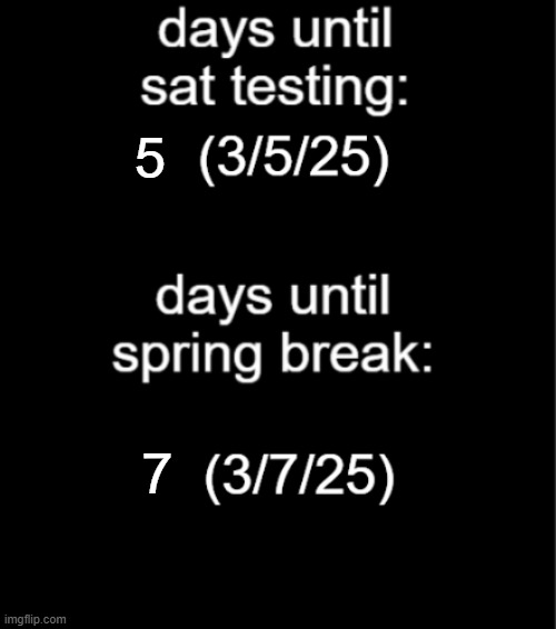 yea... shits going wild now | 5; 7 | image tagged in days until sat spring break template v2 | made w/ Imgflip meme maker