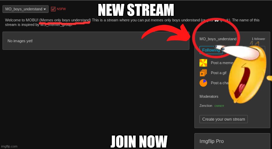 https://imgflip.com/m/MO_boys_understand | NEW STREAM; JOIN NOW | image tagged in streams,stream,boys,fun,funny | made w/ Imgflip meme maker