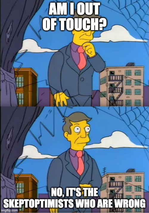Skinner Out Of Touch | AM I OUT OF TOUCH? NO, IT'S THE SKEPTOPTIMISTS WHO ARE WRONG | image tagged in skinner out of touch | made w/ Imgflip meme maker