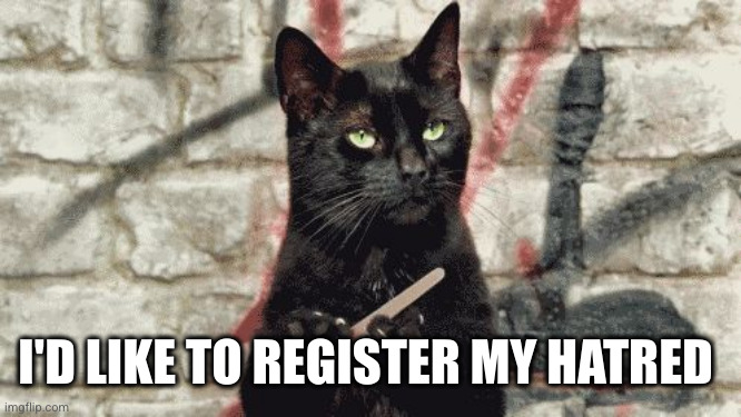 cat filing nails | I'D LIKE TO REGISTER MY HATRED | image tagged in cat filing nails | made w/ Imgflip meme maker