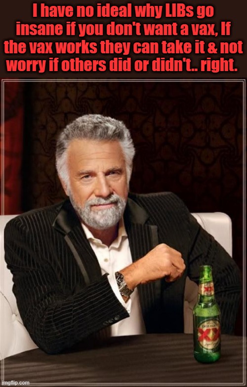 Logic rules | I have no ideal why LIBs go insane if you don't want a vax, If the vax works they can take it & not worry if others did or didn't.. right. | image tagged in memes,the most interesting man in the world | made w/ Imgflip meme maker