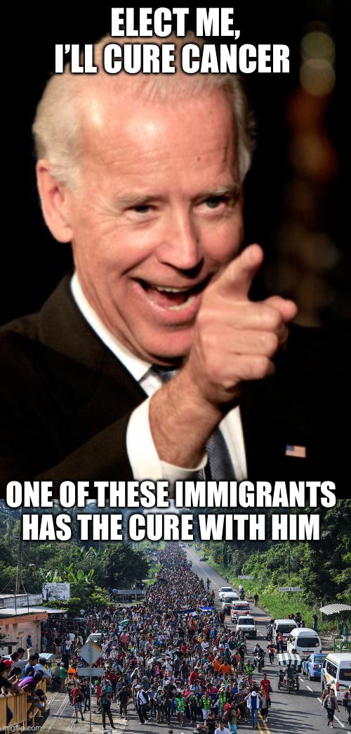 That’s a strange way to cure cancer. | ELECT ME, I’LL CURE CANCER; ONE OF THESE IMMIGRANTS HAS THE CURE WITH HIM | image tagged in memes,smilin biden,immigrant caravan,cancer cure | made w/ Imgflip meme maker