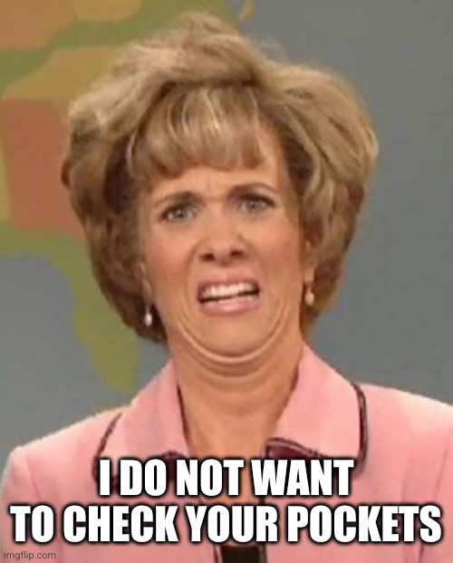 Disgusted Kristin Wiig | I DO NOT WANT TO CHECK YOUR POCKETS | image tagged in disgusted kristin wiig | made w/ Imgflip meme maker