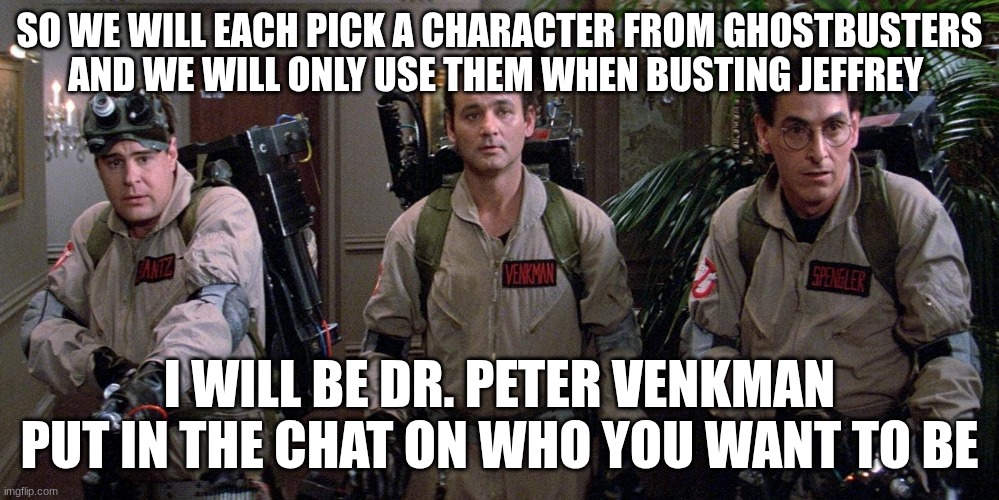 ghostbusters | SO WE WILL EACH PICK A CHARACTER FROM GHOSTBUSTERS AND WE WILL ONLY USE THEM WHEN BUSTING JEFFREY; I WILL BE DR. PETER VENKMAN PUT IN THE CHAT ON WHO YOU WANT TO BE | image tagged in ghostbusters | made w/ Imgflip meme maker