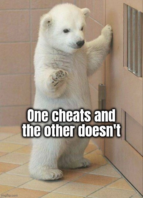 Not now Bear | One cheats and the other doesn't | image tagged in not now bear | made w/ Imgflip meme maker