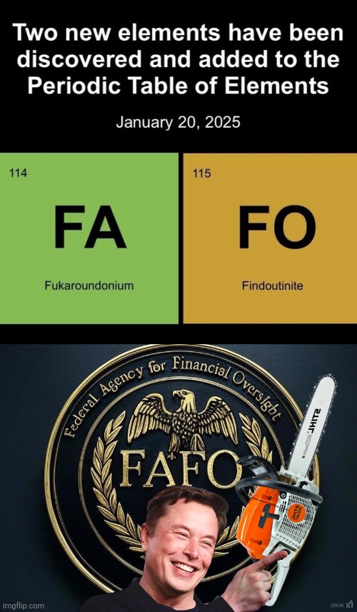 FAFO added to periodic elements | image tagged in fafo logo,elon musk,chainsaw | made w/ Imgflip meme maker