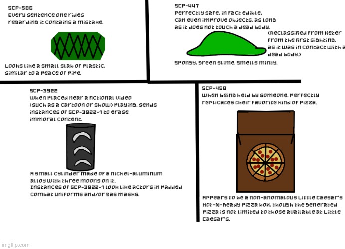 I drew four fairly simple Safe-class SCPs (this is the best art I can do). The typos for 586 are intentional. That's the hole po | image tagged in scp,drawing | made w/ Imgflip meme maker