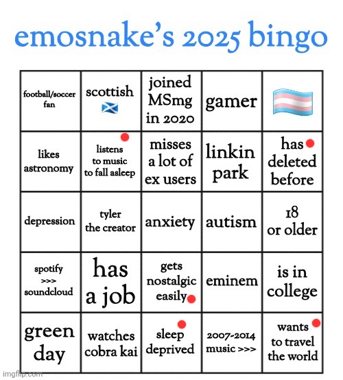 emosnake's 2025 bingo | image tagged in emosnake's 2025 bingo | made w/ Imgflip meme maker