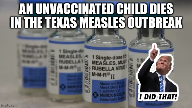 Idiot magats get manipulated into science denialism. That's ok - you got some cool maga swag in the deal. | AN UNVACCINATED CHILD DIES IN THE TEXAS MEASLES OUTBREAK | image tagged in idiot trump,idiot magats,blood on trumps tiny hands | made w/ Imgflip meme maker