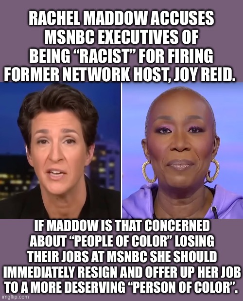 Maddow has “25 million reasons a year” to stay put! | RACHEL MADDOW ACCUSES MSNBC EXECUTIVES OF BEING “RACIST” FOR FIRING FORMER NETWORK HOST, JOY REID. IF MADDOW IS THAT CONCERNED ABOUT “PEOPLE OF COLOR” LOSING THEIR JOBS AT MSNBC SHE SHOULD IMMEDIATELY RESIGN AND OFFER UP HER JOB TO A MORE DESERVING “PERSON OF COLOR”. | made w/ Imgflip meme maker