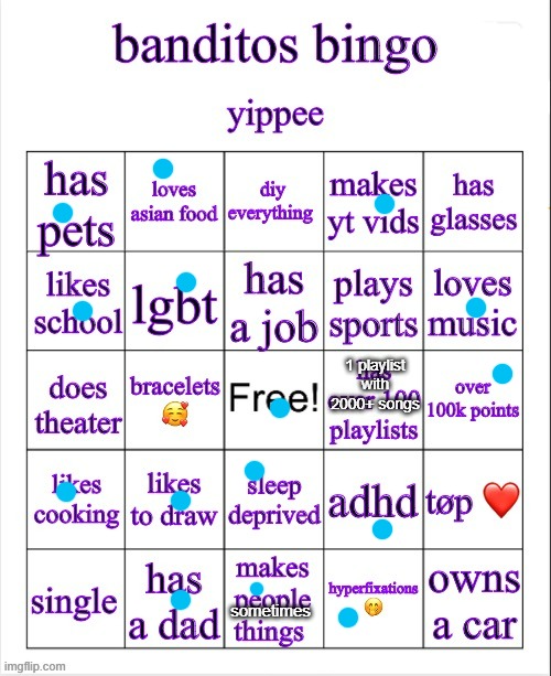 banditos bingo | 1 playlist with 2000+ songs; sometimes | image tagged in banditos bingo | made w/ Imgflip meme maker