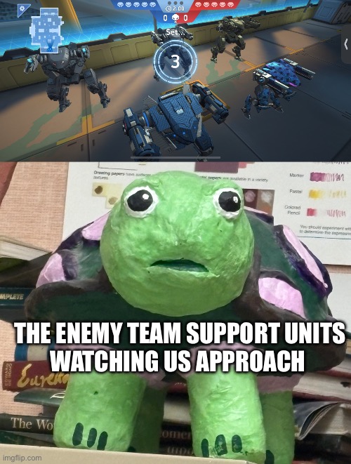 Not the support units! | THE ENEMY TEAM SUPPORT UNITS
WATCHING US APPROACH | image tagged in concerned paper turtle | made w/ Imgflip meme maker