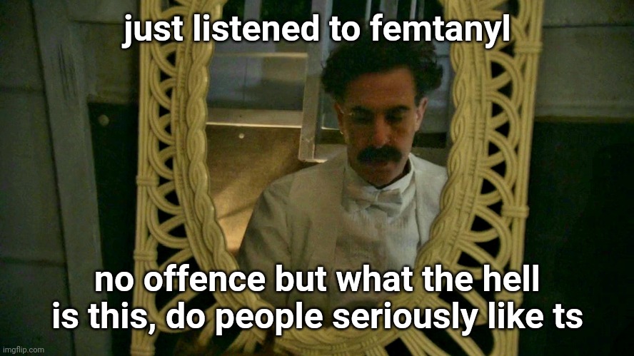 @Vik bro what tf are you listening | just listened to femtanyl; no offence but what the hell is this, do people seriously like ts | image tagged in borat sad in mirror | made w/ Imgflip meme maker