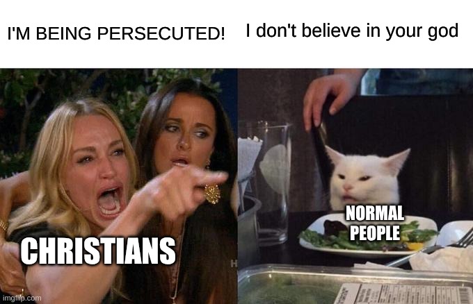 Victim Mindset | I'M BEING PERSECUTED! I don't believe in your god; NORMAL PEOPLE; CHRISTIANS | image tagged in memes,woman yelling at cat,victim,christianity,christians | made w/ Imgflip meme maker