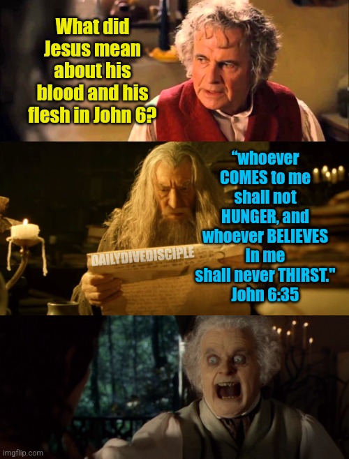 Christian | What did Jesus mean about his blood and his flesh in John 6? “whoever COMES to me shall not HUNGER, and whoever BELIEVES in me shall never THIRST."
John 6:35; DAILYDIVEDISCIPLE | image tagged in bilbo i feel thin sort of stretched like butter scraped,gandalf reading,angry bilbo | made w/ Imgflip meme maker