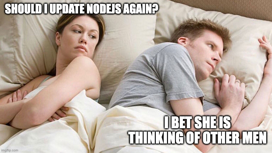 He's probably thinking about girls | SHOULD I UPDATE NODEJS AGAIN? I BET SHE IS THINKING OF OTHER MEN | image tagged in he's probably thinking about girls | made w/ Imgflip meme maker