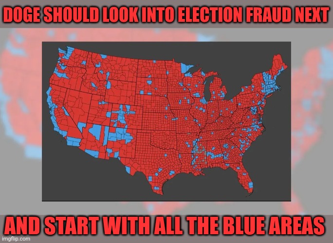 INVESTIGATE EVERY BLUE COUNTY | DOGE SHOULD LOOK INTO ELECTION FRAUD NEXT; AND START WITH ALL THE BLUE AREAS | image tagged in election,elections,election fraud,voting,doge,politics | made w/ Imgflip meme maker