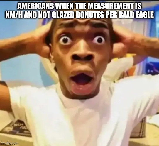 Surprised Black Guy | AMERICANS WHEN THE MEASUREMENT IS KM/H AND NOT GLAZED DONUTES PER BALD EAGLE | image tagged in surprised black guy | made w/ Imgflip meme maker