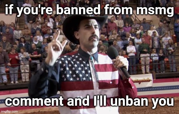 Borat in America flag shirt | if you're banned from msmg; comment and I'll unban you | image tagged in borat in america flag shirt | made w/ Imgflip meme maker