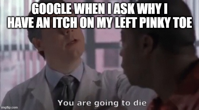 die | GOOGLE WHEN I ASK WHY I HAVE AN ITCH ON MY LEFT PINKY TOE | image tagged in you are going to die | made w/ Imgflip meme maker