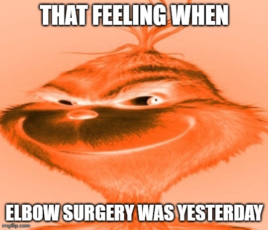 that feeling when elbow surgery was yesterday | THAT FEELING WHEN; ELBOW SURGERY WAS YESTERDAY | image tagged in the orange grinch | made w/ Imgflip meme maker