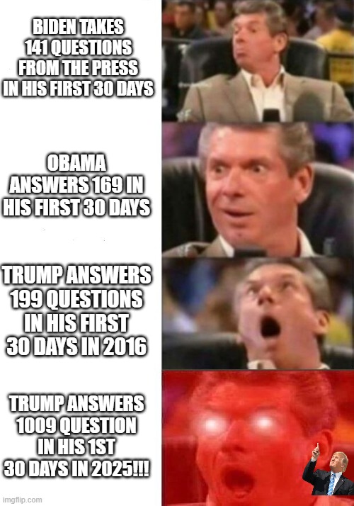 Mr. McMahon reaction | BIDEN TAKES 141 QUESTIONS FROM THE PRESS IN HIS FIRST 30 DAYS; OBAMA ANSWERS 169 IN HIS FIRST 30 DAYS; TRUMP ANSWERS 199 QUESTIONS IN HIS FIRST 30 DAYS IN 2016; TRUMP ANSWERS 1009 QUESTION IN HIS 1ST 30 DAYS IN 2025!!! | image tagged in mr mcmahon reaction | made w/ Imgflip meme maker