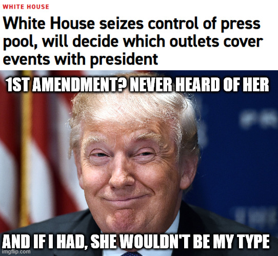 1ST AMENDMENT? NEVER HEARD OF HER; AND IF I HAD, SHE WOULDN'T BE MY TYPE | image tagged in trump smiles | made w/ Imgflip meme maker