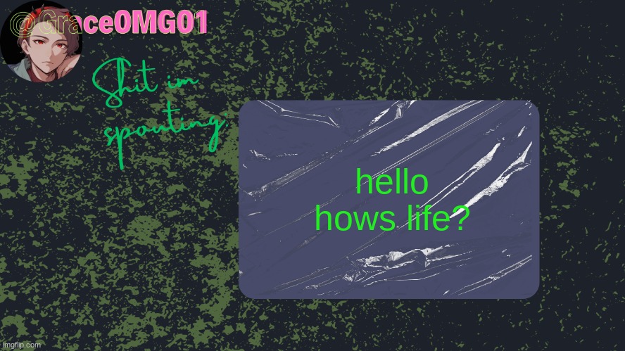 Grace announcement temp | hello hows life? | image tagged in grace announcement temp | made w/ Imgflip meme maker