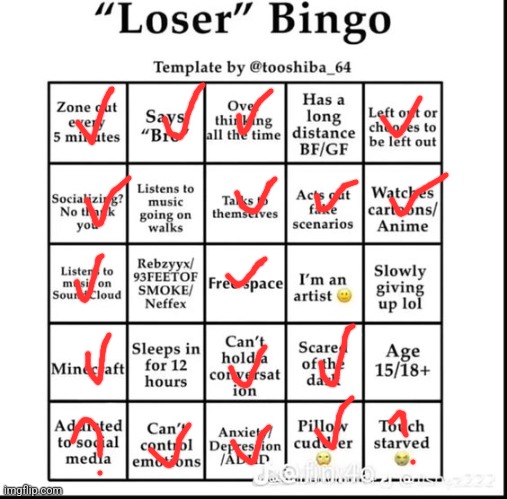 yeah kill me | image tagged in loser bingo | made w/ Imgflip meme maker