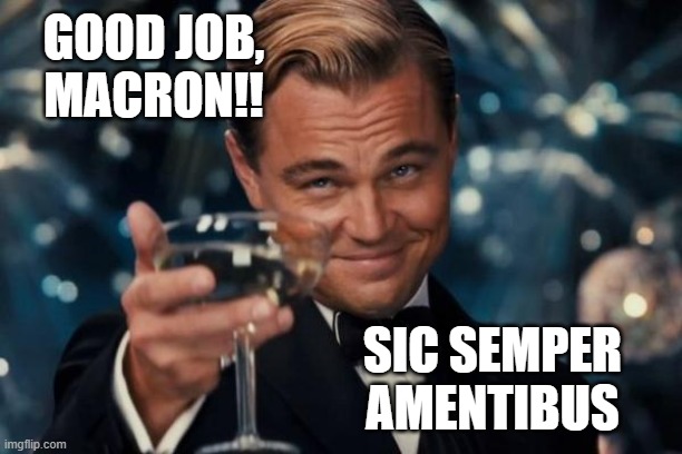 Leonardo Dicaprio Cheers Meme | GOOD JOB, MACRON!! SIC SEMPER
AMENTIBUS | image tagged in memes,leonardo dicaprio cheers | made w/ Imgflip meme maker