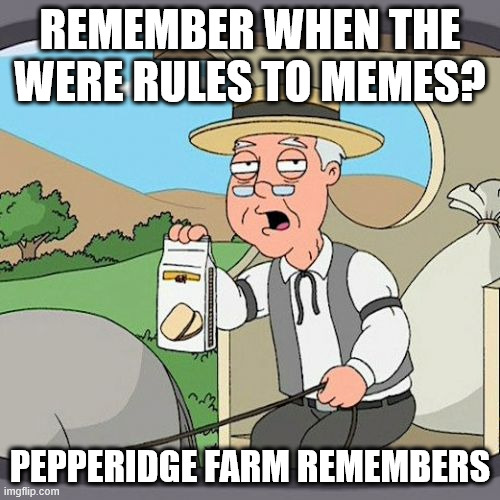 Pepperidge Farm Remembers Meme | REMEMBER WHEN THE WERE RULES TO MEMES? PEPPERIDGE FARM REMEMBERS | image tagged in memes,pepperidge farm remembers | made w/ Imgflip meme maker