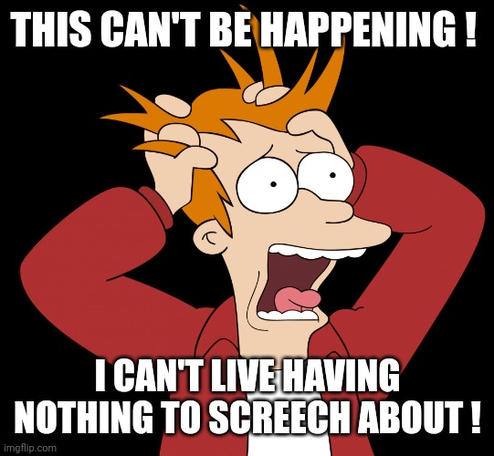 Futurama Fry Screaming | THIS CAN'T BE HAPPENING ! I CAN'T LIVE HAVING NOTHING TO SCREECH ABOUT ! | image tagged in futurama fry screaming | made w/ Imgflip meme maker