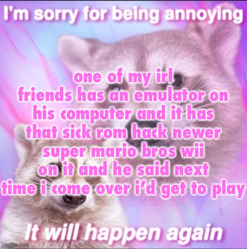 he has an emulator on his phone too and he has newer ds on it holy shit | one of my irl friends has an emulator on his computer and it has that sick rom hack newer super mario bros wii on it and he said next time i come over i’d get to play | image tagged in sorry for being annoying | made w/ Imgflip meme maker