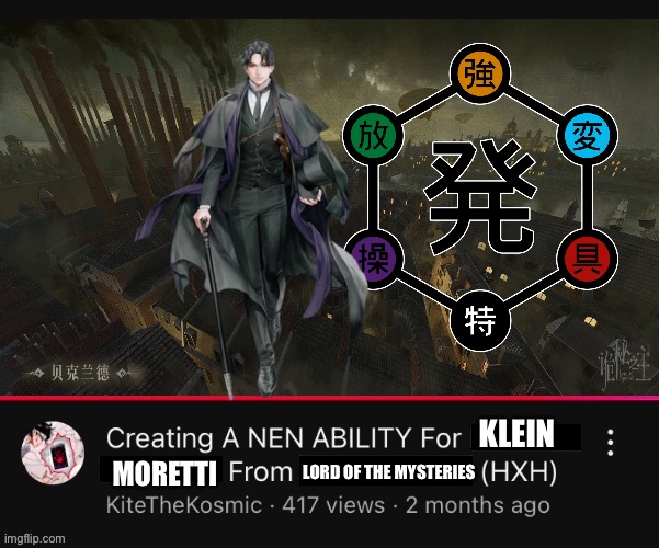 Creating a Nen Ability for (  ) from (  )  (HXH)  YouTube Video | KLEIN; MORETTI; LORD OF THE MYSTERIES | image tagged in creating a nen ability for from hxh youtube video,memes,lol,shitpost,funny,anime meme | made w/ Imgflip meme maker