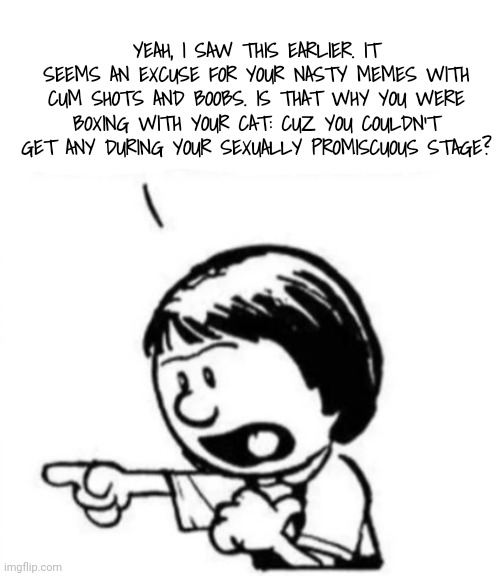 Susie yelling at Calvin | YEAH, I SAW THIS EARLIER. IT SEEMS AN EXCUSE FOR YOUR NASTY MEMES WITH CUM SHOTS AND BOOBS. IS THAT WHY YOU WERE BOXING WITH YOUR CAT: CUZ Y | image tagged in susie yelling at calvin | made w/ Imgflip meme maker