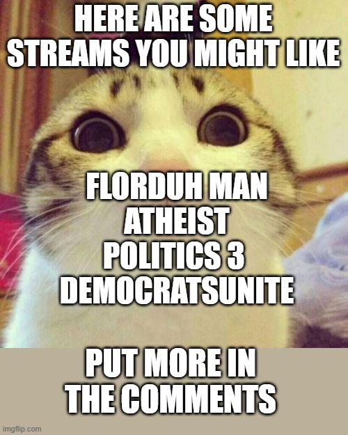 I will post on them | HERE ARE SOME STREAMS YOU MIGHT LIKE; FLORDUH MAN
ATHEIST
POLITICS 3 
DEMOCRATSUNITE; PUT MORE IN THE COMMENTS | image tagged in memes,smiling cat | made w/ Imgflip meme maker