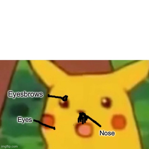 Surprised Pikachu | Eyesbrows; Eyes; Nose | image tagged in memes,surprised pikachu,funny,dank memes,random bullshit go,lol | made w/ Imgflip meme maker