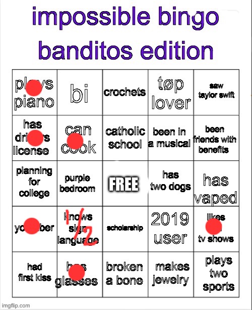 i wish i'd been in a musical | image tagged in banditos impossible bingo 3 | made w/ Imgflip meme maker