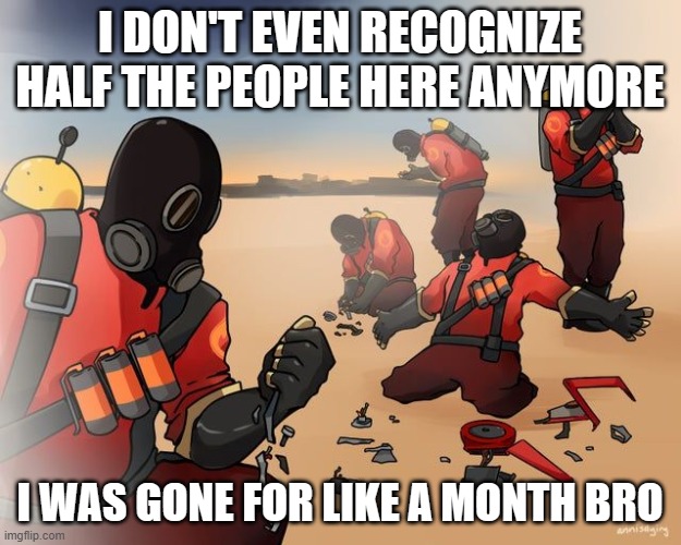 pyro despair | I DON'T EVEN RECOGNIZE HALF THE PEOPLE HERE ANYMORE; I WAS GONE FOR LIKE A MONTH BRO | image tagged in pyro despair | made w/ Imgflip meme maker