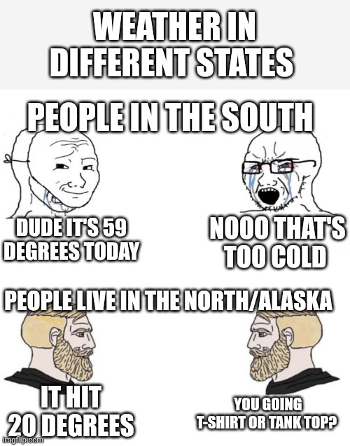 Chad we know | WEATHER IN DIFFERENT STATES; PEOPLE IN THE SOUTH; NOOO THAT'S TOO COLD; DUDE IT'S 59 DEGREES TODAY; PEOPLE LIVE IN THE NORTH/ALASKA; YOU GOING T-SHIRT OR TANK TOP? IT HIT 20 DEGREES | image tagged in chad we know | made w/ Imgflip meme maker