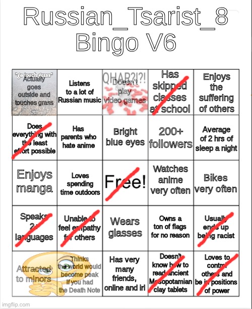 Russian_Tsarist_8 Bingo V6 | image tagged in russian_tsarist_8 bingo v6 | made w/ Imgflip meme maker