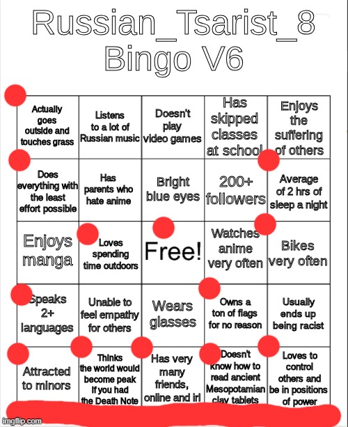 Russian_Tsarist_8 Bingo V6 | image tagged in russian_tsarist_8 bingo v6 | made w/ Imgflip meme maker