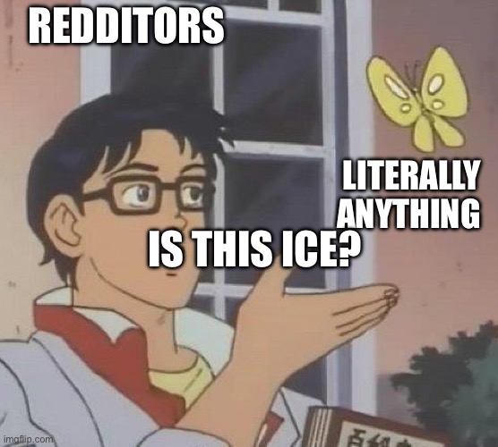 is this butterfly | REDDITORS; LITERALLY ANYTHING; IS THIS ICE? | image tagged in is this butterfly | made w/ Imgflip meme maker