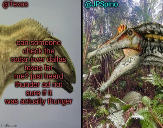 Texas and spino temp | can someone check the radar over dallas texas for me? just heard thunder ad not sure if it was actually thunger | image tagged in texas and spino temp | made w/ Imgflip meme maker