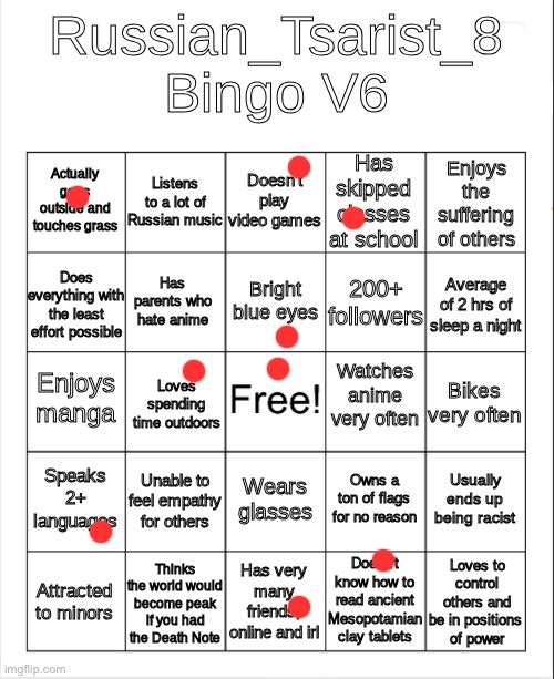 Russian_Tsarist_8 Bingo V6 | image tagged in russian_tsarist_8 bingo v6 | made w/ Imgflip meme maker