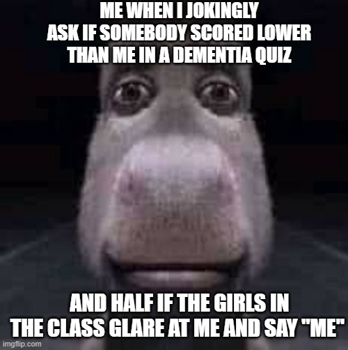 this happened today ;o; | ME WHEN I JOKINGLY ASK IF SOMEBODY SCORED LOWER THAN ME IN A DEMENTIA QUIZ; AND HALF IF THE GIRLS IN THE CLASS GLARE AT ME AND SAY "ME" | image tagged in donkey staring,school | made w/ Imgflip meme maker