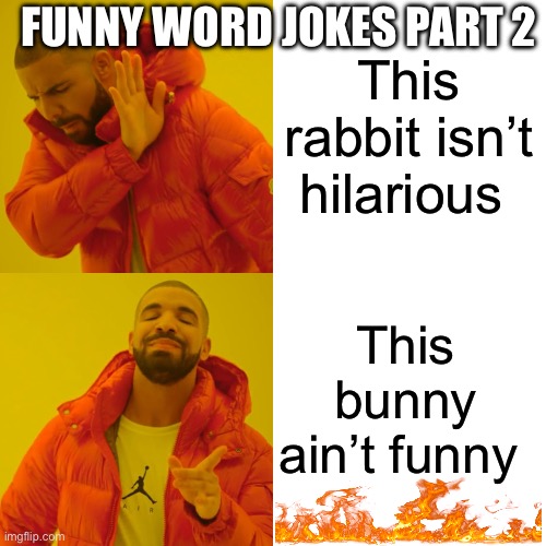 Funny word jokes part 2 | FUNNY WORD JOKES PART 2; This rabbit isn’t hilarious; This bunny ain’t funny | image tagged in memes,drake hotline bling,rabbit,jokes,words | made w/ Imgflip meme maker