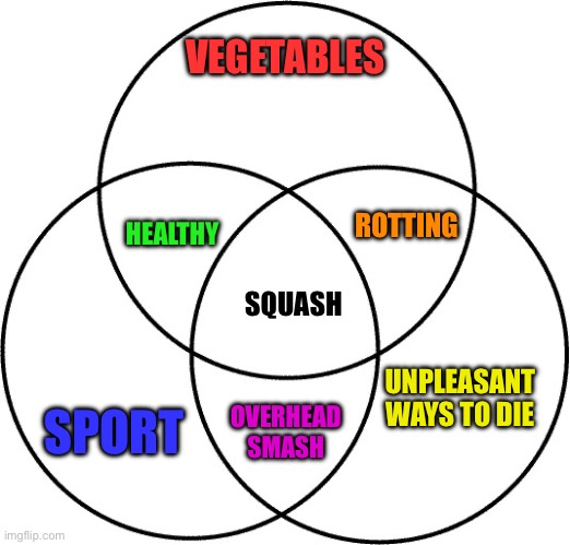 Only now and Venn | VEGETABLES; ROTTING; HEALTHY; SQUASH; SPORT; UNPLEASANT WAYS TO DIE; OVERHEAD SMASH | image tagged in venn diagram,sport,die,vegetables | made w/ Imgflip meme maker