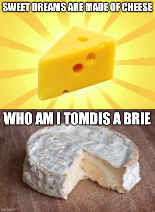 Sweet Dreams | SWEET DREAMS ARE MADE OF CHEESE; WHO AM I TOMDIS A BRIE | image tagged in cheese time,brie cheese,sweet dreams,dreams,bad pun | made w/ Imgflip meme maker