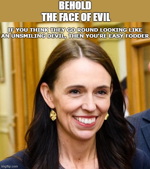 The Face Of Evil | BEHOLD
 THE FACE OF EVIL; IF YOU THINK THEY GO ROUND LOOKING LIKE AN UNSMILING DEVIL, THEN YOU'RE EASY FODDER | image tagged in jacinda ardern,nz pm | made w/ Imgflip meme maker